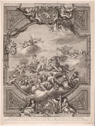 Apollo delar ut belöningar och Minerva kröner Frankrikes geni Apollon distirbuë des recompenses aux Sciences et aux Arts, et Minerve couronne le Genie de la France (titel på objekt) Takmålningar i slottet i Versailles (serietitel)