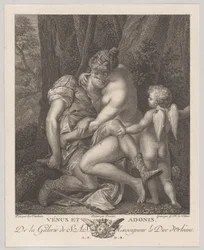 Venus som sörjer Adonis, sitter under ett träd och omfamnar honom, med Amor till höger, c..., ca. 1786.