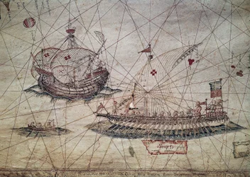 Galär och portugisisk karavell, detalj ur Medelhavets sjökarta