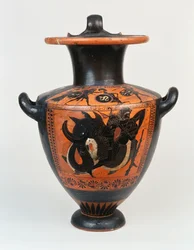 En attisk hydria med svart figur som föreställer Athena och Herakles i strid, och nedanför, Herakles som brottas med Nereos, ca 520 f.Kr.