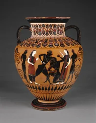 Attisk svartfigurig halsamfora med Theseus som dödar Minotauros, omkring 550 f.Kr.