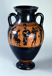 Attisk halsamfora med svart figur som föreställer Hercules välkomnande till Olympen, ca 520 f.Kr. (keramik)