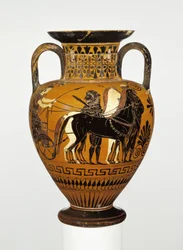 Attisk halsamfora med svart figur och Herakles apotheos, ca 530-20 f.Kr. (terrakotta)