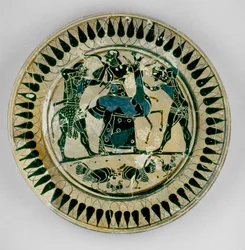 Attisk svartfigur dekorerad med en scen av Herakles och Apollo som slåss om ett rådjur och separeras av Artemis, på samma sätt som Lydos, från Grekland, c.560 f.Kr. (keramik)