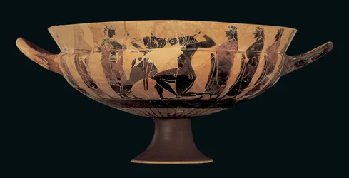 Attisk siana bägare med svart figur föreställande Theseus och Minotauren, 560-550 f.Kr.