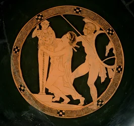 Attisk kopp med röd figur föreställande Kassandra som jagas av Ajax och söker skydd vid en xoanon av Athena, ca 430 f.Kr. (keramik)