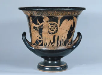 Attic röd-figur calyx krater föreställande en hoplit på väg till kriget (keramik) (se även 223268)