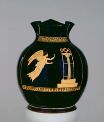 Attic rödfigur oinochoe dekorerad med scenen av en bevingad Nike som flyger med ett band mot ett stativ, nära Calliope Painter, från Nola, c.430 f.Kr. (keramik)