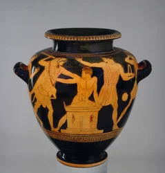 Attisk rödfigurig stamnos dekorerad med Herakles och Busiris, Egyptens kung, av en sen efterföljare till Berlinmålaren, från Vulci, ca 470-460 f.Kr.