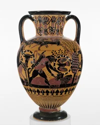 Kalkidisk svartfigurig halsamfora med Odysseus som dödar en trakier, ca 540 f.Kr.