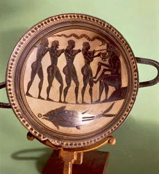 Bägare som visar Ulysses som förblindar Polyphemus, keramik med svarta figurer, Grekland, grekisk civilisation, 600-talet f.Kr.