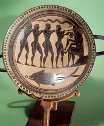 Bägare som visar Ulysses förblindande Polyphemus, keramik med svarta figurer, grekisk civilisation, 600-talet f.Kr.
