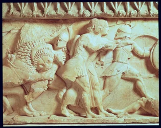 Detalj av nordfrisen i Siphnian Treasury föreställande gudar som kämpar mot jättar, ca 525 f.Kr. marmor