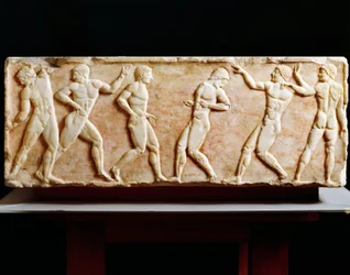 Grekisk civilisation, Stele som föreställer idrottare på gymnastiksal, från Kerameikos nekropol i Aten, Grekland, 510 f.Kr.