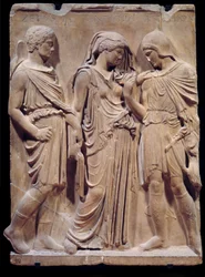 Grekisk antikvitet: Orphees farväl till Eurydice som Hermes är beredd att föra tillbaka till helvetet. Inskriptionen som ger namnen Zethus, Antiope och Amphion går tillbaka till renässansen. Låg marmorrelief. 480-323 f.Kr. Sön 1,2 m Paris, Musée du Louv