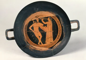 Grekisk kopp med röd figur, föreställande en krigare som dansar Pyrrhic, av Aristeides den äldre (keramik)