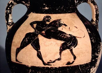 Herakles kämpar med det Nemeiska lejonet, detalj från en attisk svart-figur amfora (keramik)