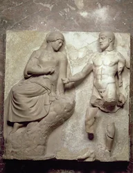 Herkules och Minerva, en av en serie metoper som skildrar Herkules stordåd från Zeus tempel i Olympia, tidig klassisk tid, cirka 470-457 f.Kr.