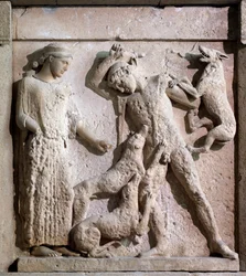 Magna graecia: metop med Artemis och Actaeon, stenrelief, 500-talet f.Kr.