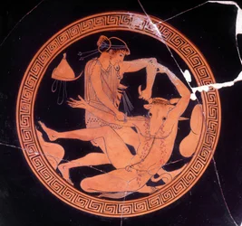 Minotauros dödad av Theseus - grekisk vas förvarad på Arkeologiska museet i Florens. Insidan av den rödfiguriga pentiska skålen, Dokimasia-målaren. 480 f.Kr.