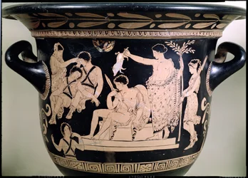 Orestes som suppliant vid Apollons helgedom i Delphi, detalj från en krater med röd figur i Attic, tillskriven den apuliska Eumenides-målarens keramikdetalj från 92567