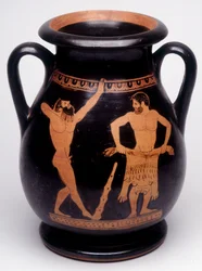Målning på vas: Herakles (Herkules) förbereder sig på att klä sig i lejonskinnet, en atlet till vänster om honom värmer upp. 490 f.Kr. BNF, Medaljkabinettet.
