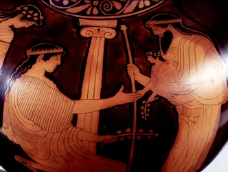 Målning på vas: Jupiter (Zeus) presenterar den unge Dionysos (Bacco) för två kvinnor. 480 f.Kr. BNF, Medaljbyrå.
