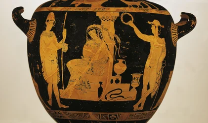 Krater med röd figur som föreställer Orestes, Elektra och Pylades vid Agamemnons grav (keramik)