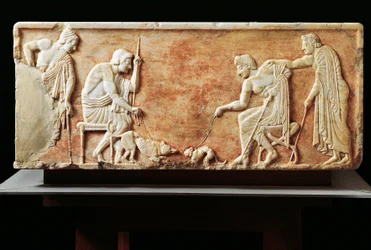 Stele föreställande slagsmål mellan hund och katt, 510 f.Kr. (relief)