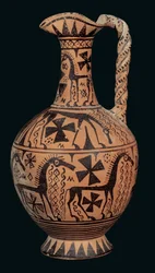 Trefoil-mun oinochoe dekorerad med hästar, från Skyros, Sporaderna, Orientaliseringsperioden (675-650 f.Kr.) (målad lera)