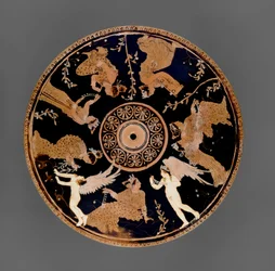 Attic röd-figur Pyxis, detalj av locket dekorerad med kvinnor som håller kärlekssymboler och halsband, nära Medidias Painter (keramik)