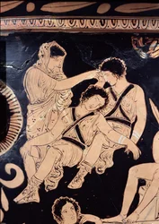 Attisk krater med röd figur som visar Orestes som söner vid helgedomen Apollo i Delfi, tillskriven den apuliska Eumenides-målaren, c.380 f.Kr. (keramik) (detalj)