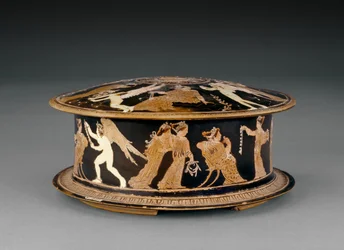 Attic rödfigur pyxis dekorerad med kvinnor och eroter eller amoriner, nära Meidias målare, slutet av 500-talet f.Kr. (keramik)