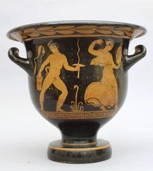Klockformad proto-apuliansk krater med satyr och maenad från Matera, Italien (keramik)