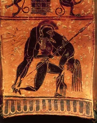 Svartfigurs keramik, Francois vas, Attic volute krater signerad av keramikern Ergotimos och målaren Kleitias, detalj, Ajax Telamon bär Akilles döda kropp, 570-560 f.Kr.