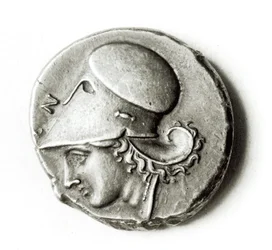 Herakles didrakma: framsida som visar Athena (metall)
