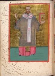 Egerton 2392, f.5v, miniatyr av den stående Johannes Chrysostomos med en bok, ur Leitourgikon, som omfattar ordinationsgudstjänster och böner