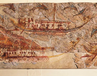 Fresk som avbildar en skeppsprocession, från Akrotiri, ön Thera, Santorini, Grekland, detalj, skepp