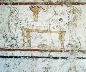 Gaudo Necropolis, Lucanian freskgravmålning som föreställer den avlidne på hennes dödsbädd, 340 f.Kr.