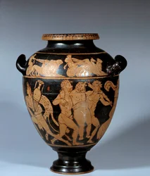Grekisk konst: vindens stamnos i keramik med röda figurer. Dionysisk scen. Målare av Danae
