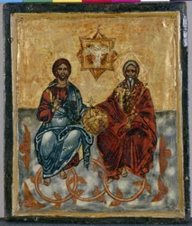 Ikon från Kreta föreställande den heliga treenigheten (tempera på trä)