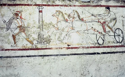 Lucanian freskgravmålning föreställande en gladiator och en man på en vagn, Paestum 350-330 f.Kr.