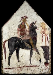Målad platta, den så kallade svarta ryttaren, från Paestum, Andriuolo, grav 58
