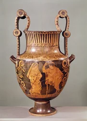 Rödfigurskrater som visar en konversation mellan en efebe och en kvinna som bär en himation, från Boeotia (keramik)