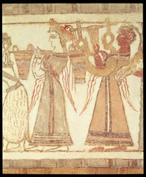 Rituell scen för tillbedjan, möjligen rörande vördnad av de döda, detalj av dekoration på en sarkofag från en grav vid Ayia Triada, Kreta, sen minoiska period, ca 1390 f.Kr.