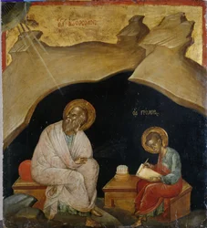 Evangelisten Johannes med sin skrivare Prochoros (glansfärg på poppelträ)
