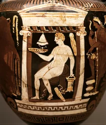 GREKISK KONST: Apulisk röd figur volute-krater. Begravningsscen. Offerinsats, ca 330-320 f.Kr (keramik)
