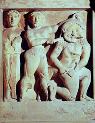 Relief föreställande Perseus som hjälper Athena att döda Gorgon, metop från templet i Selinunte, Sicilien (sten)