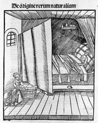 En barnmorska städar det nyfödda barnet medan mamman vilar. Gravyr - i "" Margarita Philosophica"" av Gregor Reisch (1467-1525), Basel