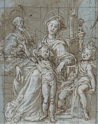 Helig familj med spädbarnet Johannes Döparen recto, storskaliga beskurna skisser..., 1590-92.